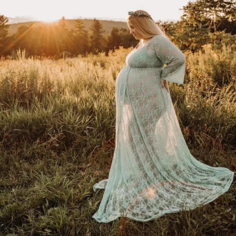 Sheer Lace Maternity Maxi Dress in Mint